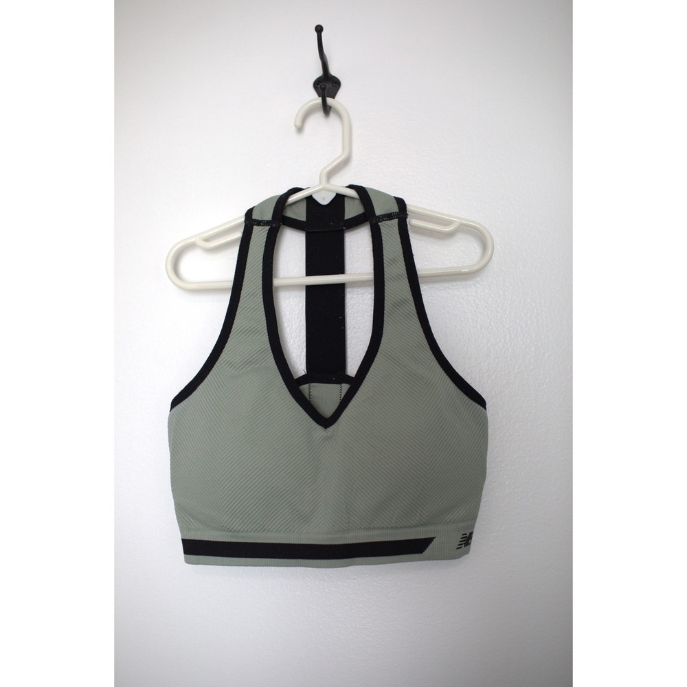 New Balance Womens Sage Green Ribbed V-Neck Racerback Sports Bra Logo Black Trim